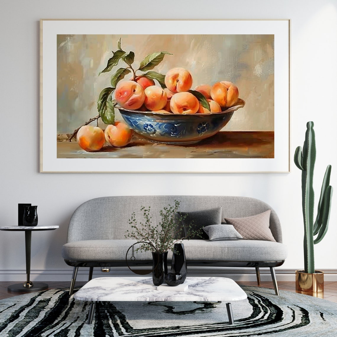 Sunlit Apricots in a Blue Ceramic Bowl Kitchen Still Life Wall Art - Image 2