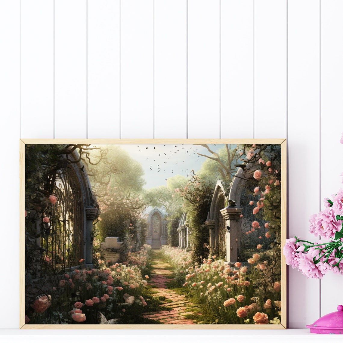 Enchanted Rose Garden Path With Stone Arches And Blooming Roses Print - Image 5