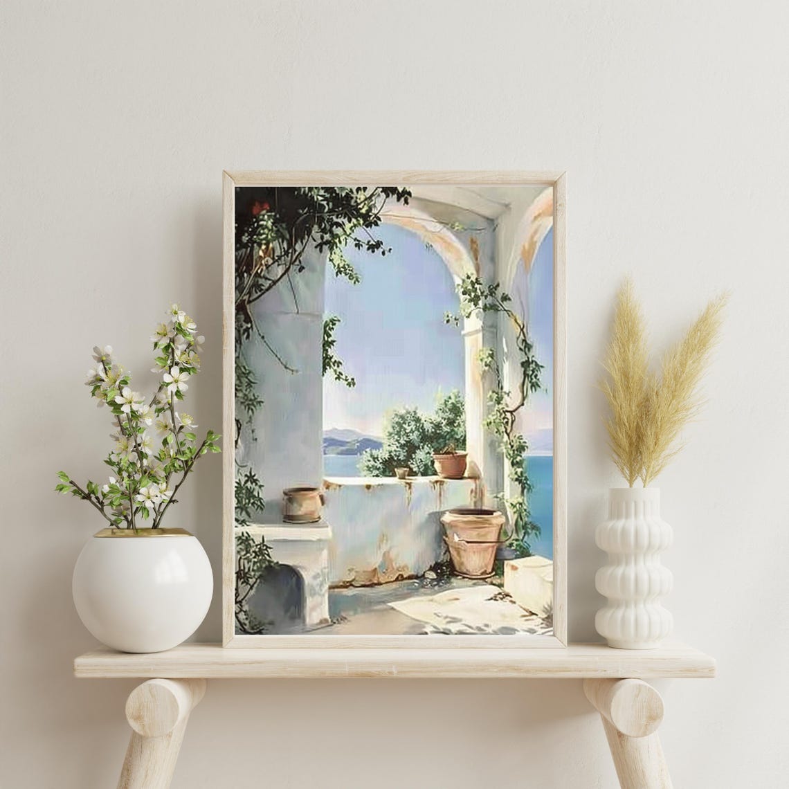 Mediterranean Terrace Arches Sea View Neutral Coastal Art Poster - Image 2