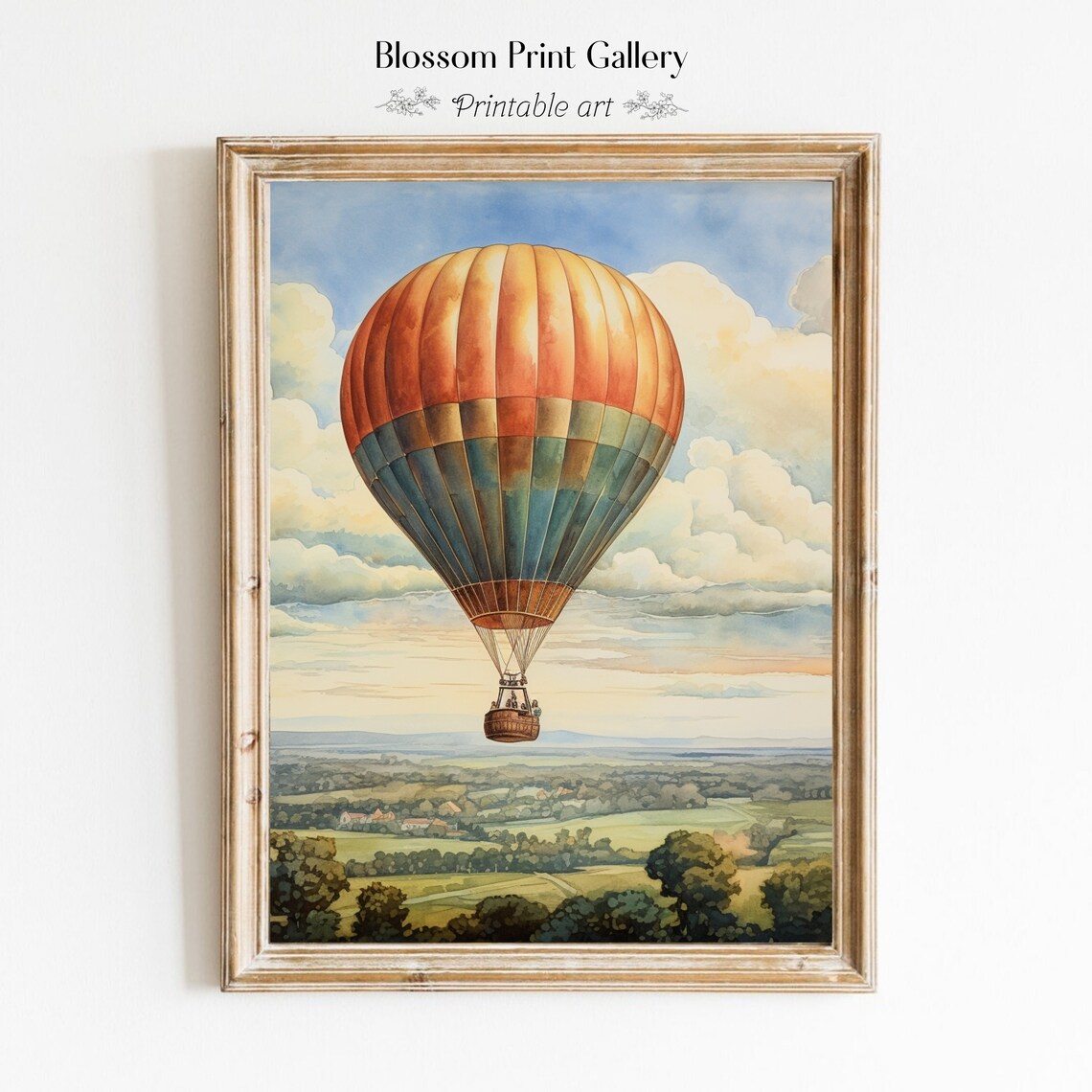 Vintage Hot Air Balloon Floating Over Countryside Painting Poster