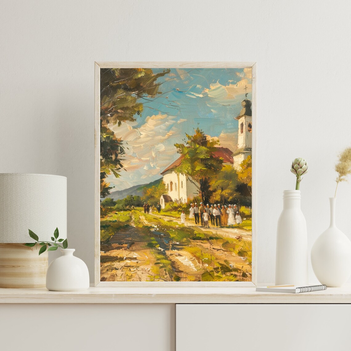 Village Church Bell Tower Congregation Sunny Landscape Art Poster - Image 2