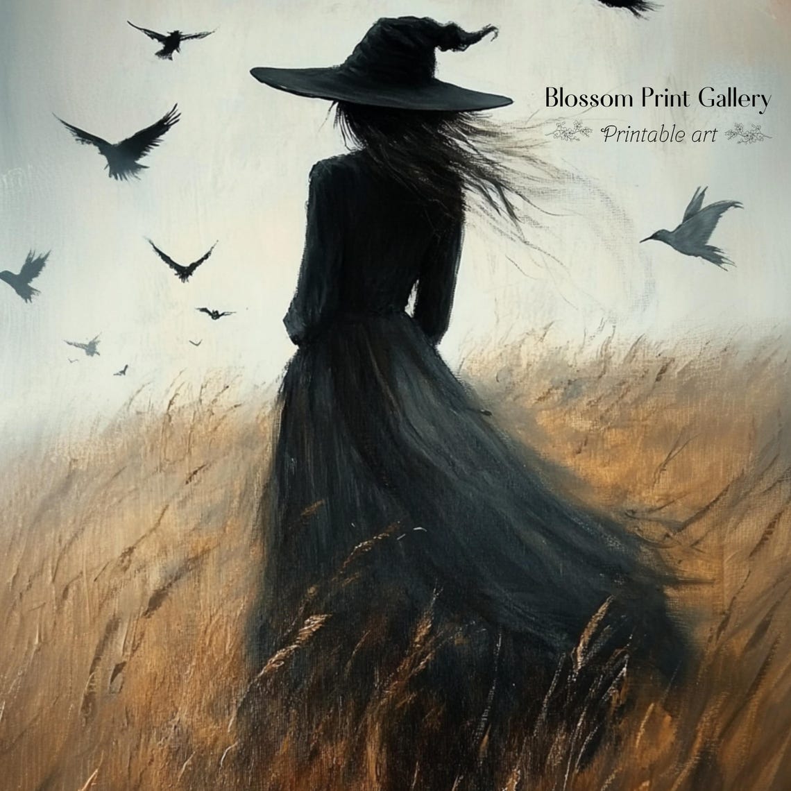 Dark Witch Walking Through Golden Wheat Field with Crows Poster - Image 2