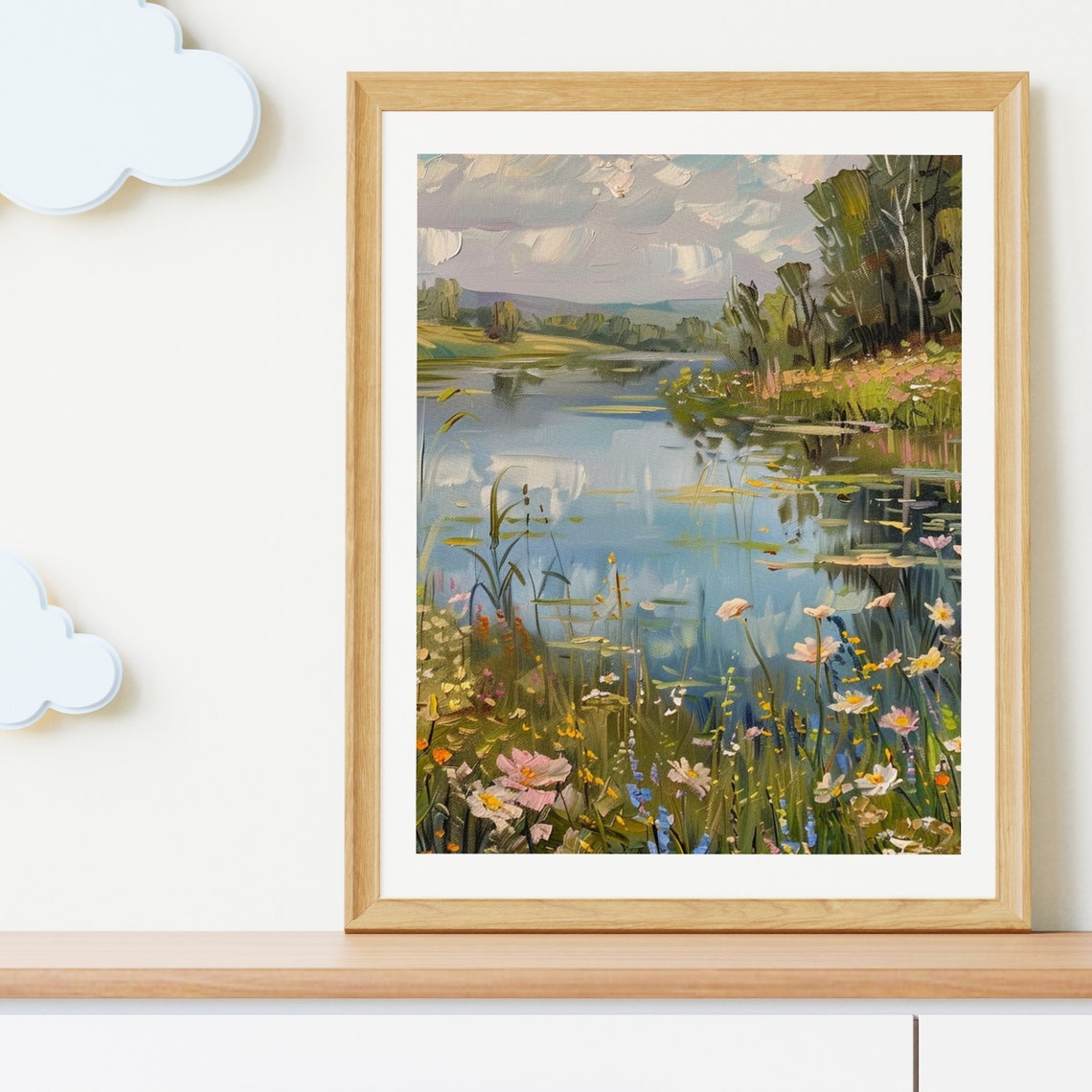 Summer Lake Decor Wall Art Wildflower Field Landscape Painting Aesthetic Home Decor Vintage Farmhouse Art Wildflower Field 550 - Image 3