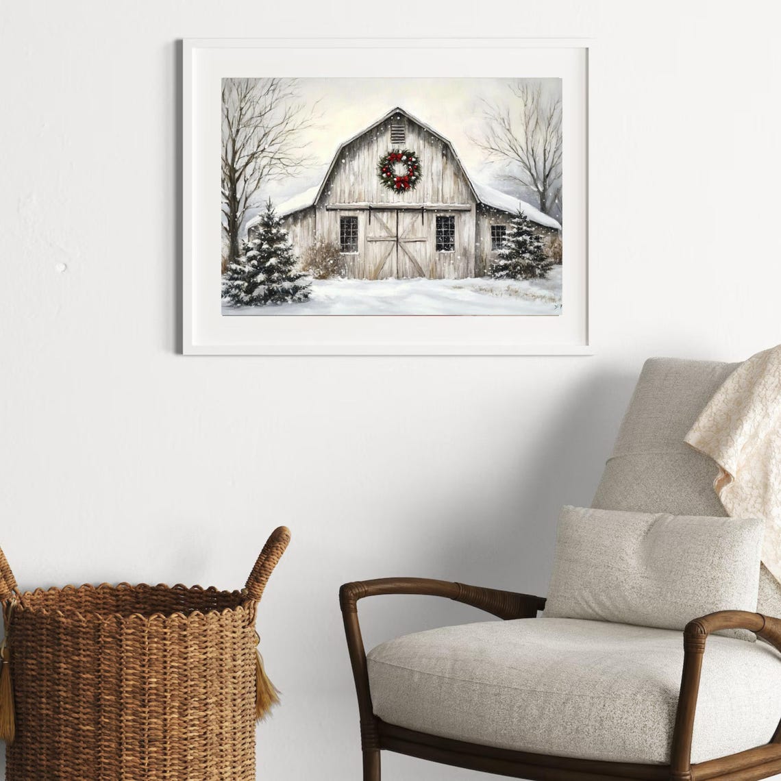 Snowy White Barn Christmas Wreath Winter Farm Painting Poster - Image 2