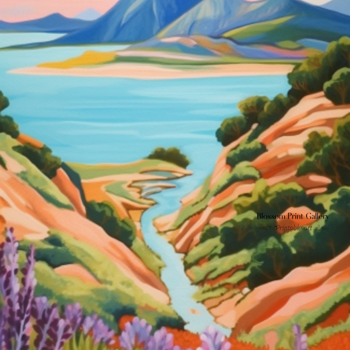 Colorful Mountain Valley Lake Wildflower Meadow Impressionist Poster - Image 3
