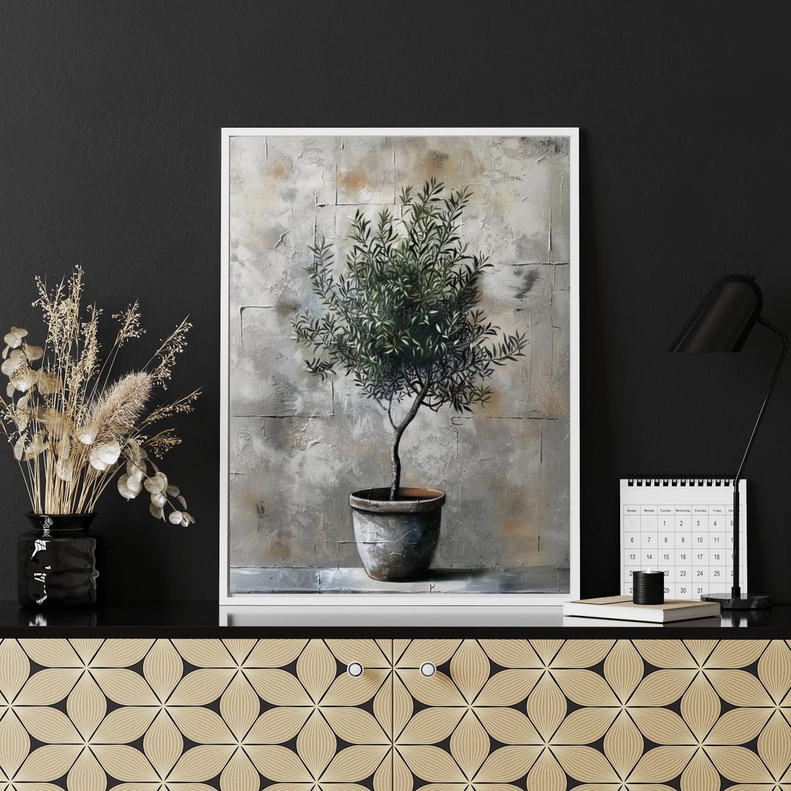 Potted Olive Tree Rustic Gray Wall Minimalist Botanical Art Poster - Image 4