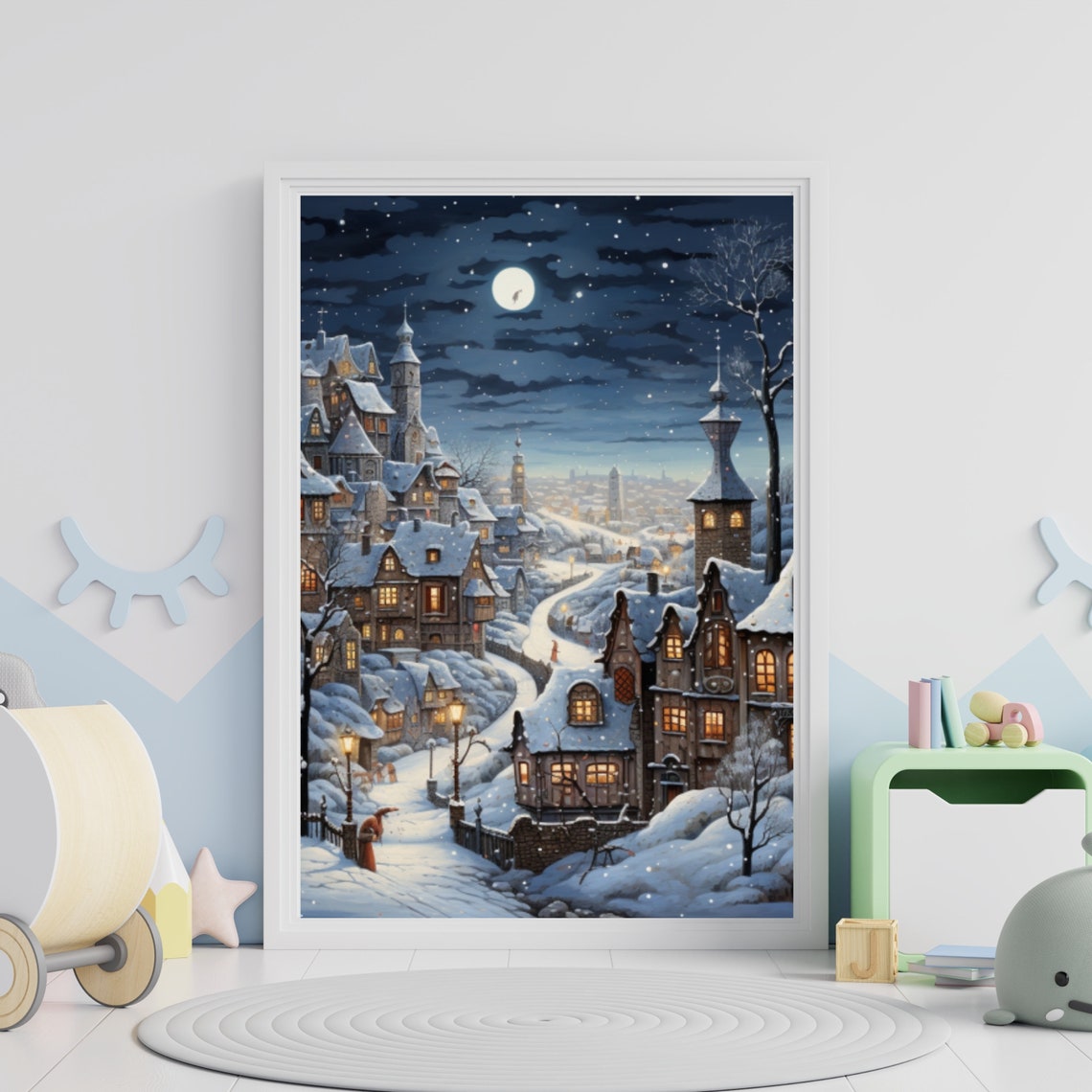 Snowy Storybook Village At Night Moonlit Winter Town Christmas Poster - Image 4