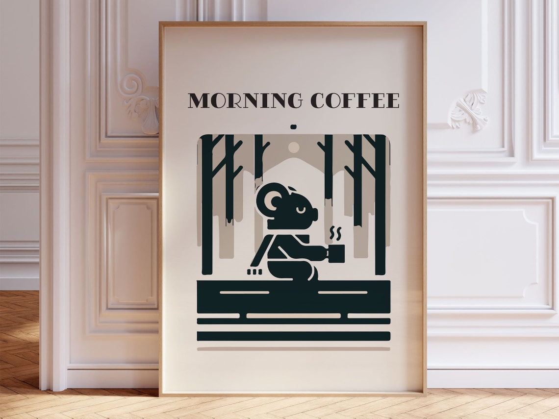 Framed Koala Having Morning Coffee Poster For Stylish Kitchen Wall Art I Scandinavian Style Dining Room Decor I Cute Quirky Cafe Wall Art