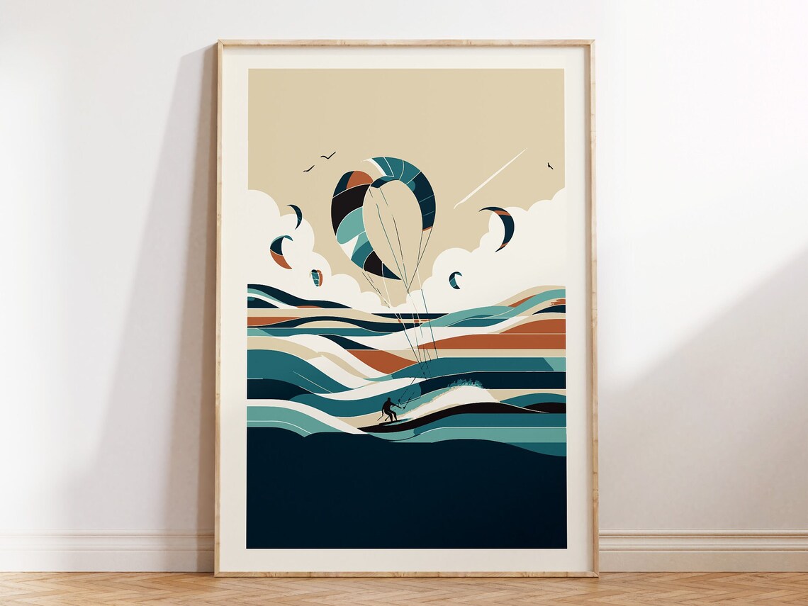 Kitesurfing Geometric Ocean Waves Teal Rust Retro Sports Wall Art