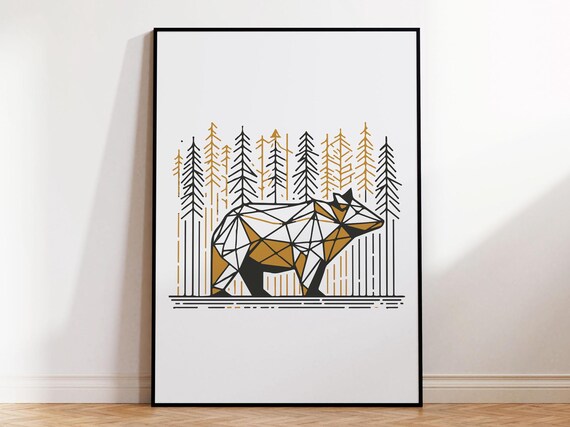 Geometric Bear In Nordic Forest With Mustard Color Accent For Stylish Scandinavian Wall Art Poster I Framed Abstract Animal Line Art Print