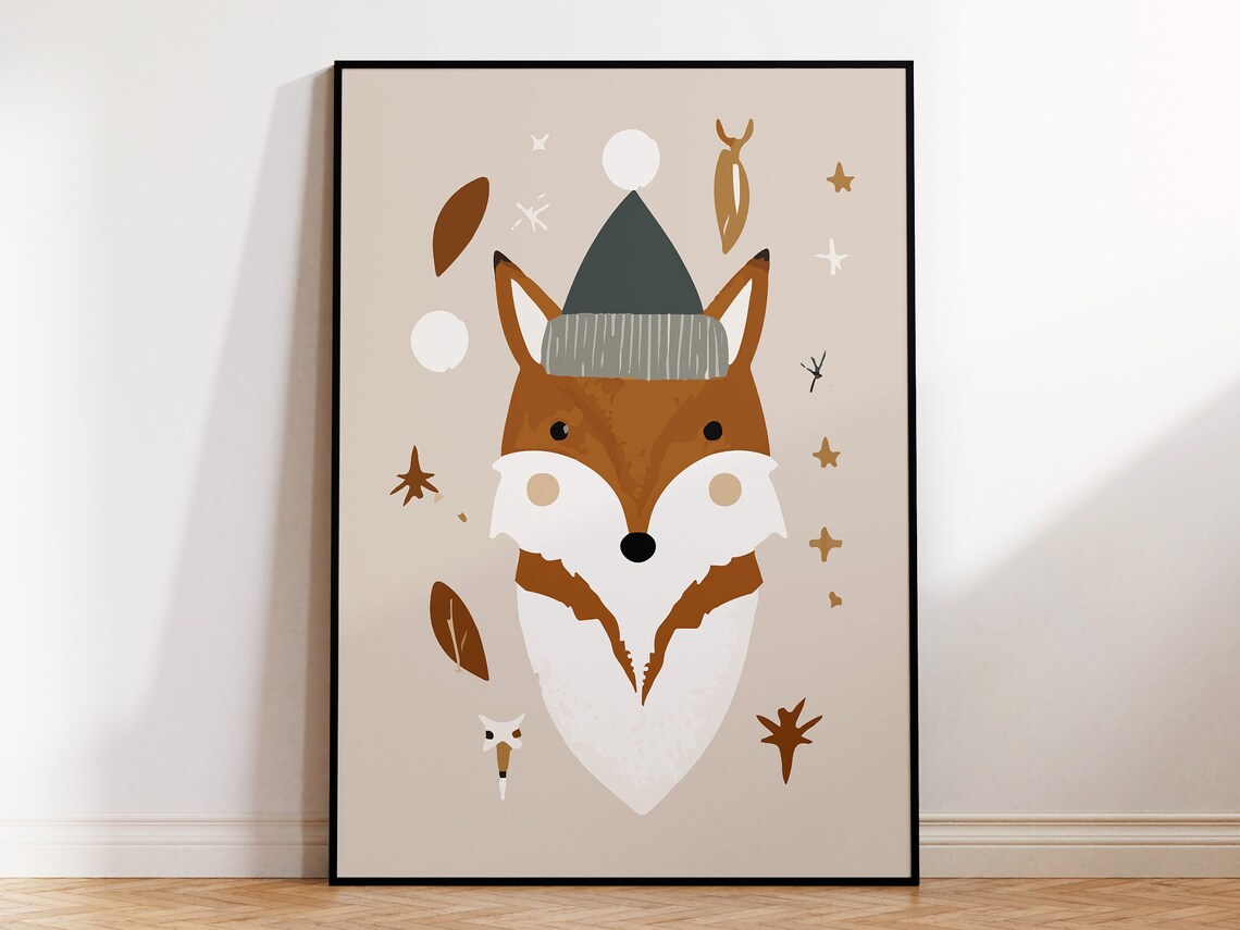 Cute Fox Wearing Winter Hat Nursery Woodland Kids Room Art Poster