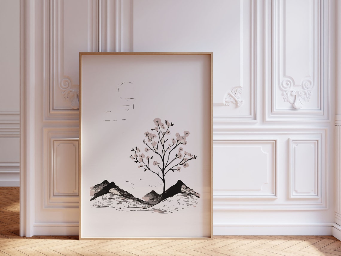 Cherry Blossom Tree Ink Painting Mountain Landscape Japandi Poster