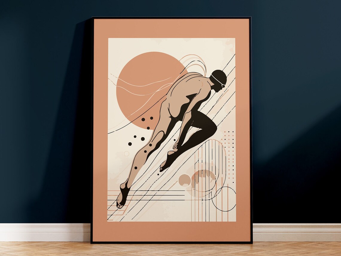 Swimmer Diving Into Water Abstract Terracotta Sports Wall Art