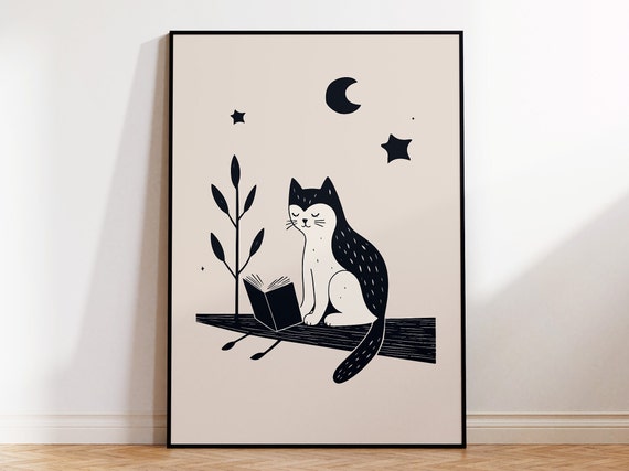 Cat Reading A Book Framed Nordic Kids Room Wall Art Print For Stylish Minimalist Scandinavian Nursery Metal And Wooden Frame Options