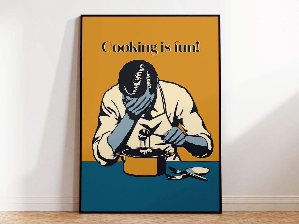 Cooking Is Fun Poster Retro Chef Tasting Soup Mustard Teal Art