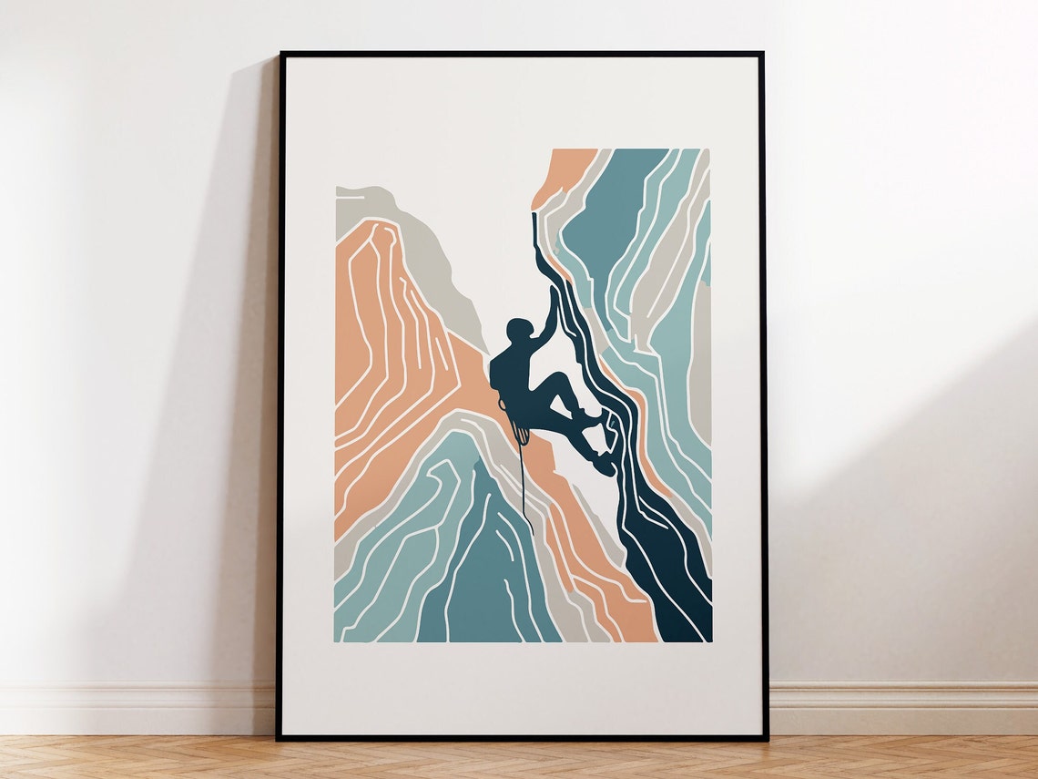 Rock Climber Silhouette Topographic Cliff Colorful Adventure Art Poster