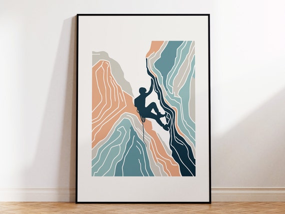 Rock Climber Between Two Cliffs Abstract Graphic Art Print For Scandinavian Contemporary Home Rock Climbing Wall Art For Climbers