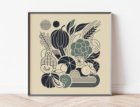 Kitchen Wall Art Poster With Fruit And Grain Crop For Contemporary Boho Home Ready To Hang With Metal And Wooden Frame Options