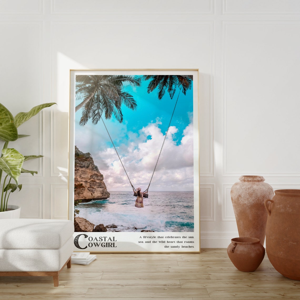 Coastal Cowgirl Ocean Swing Under Palm Trees Cliff Photo Poster - Image 2