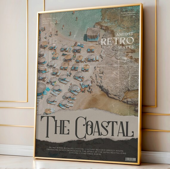 The Coastal Amidst Retro Waves Beach Umbrellas Aerial Ocean Scene Summer Poster