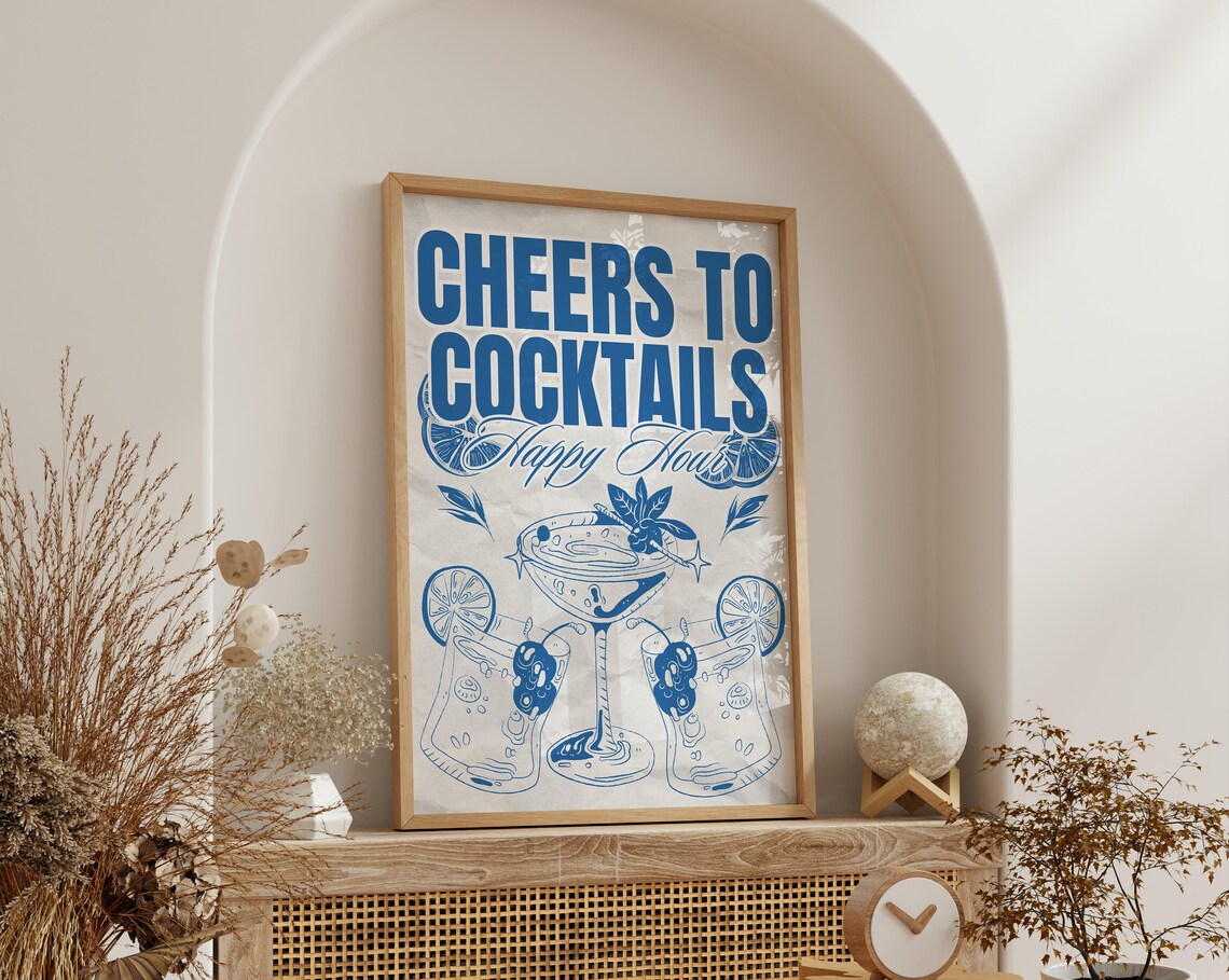 Cheers to Cocktails Happy Hour Poster Blue Hand Drawn Martini Bar Scene Decor - Image 3
