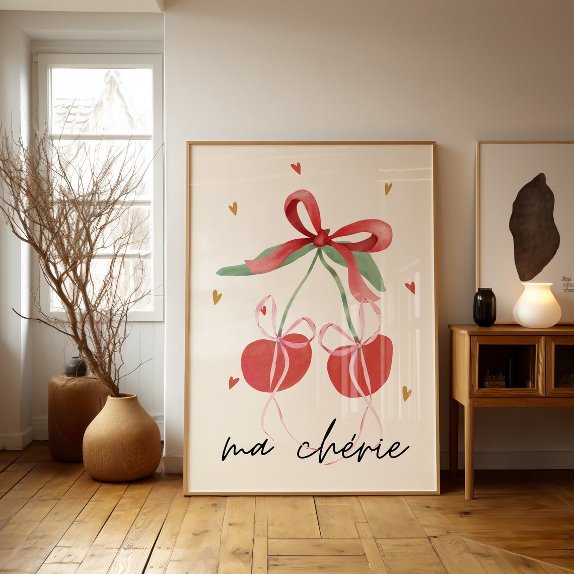 Ma Cherie Watercolor Cherry Poster Red Bow Script Hearts Decor - Image 2