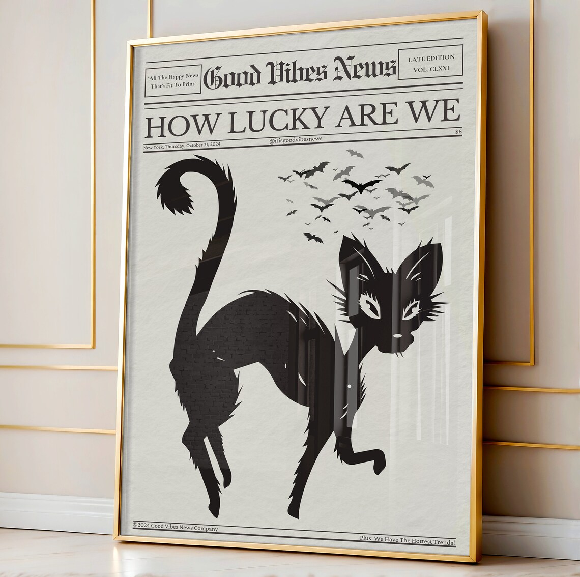 How Lucky Are We Newspaper Poster Gothic Black Cat Bats Halloween Artwork - Image 3