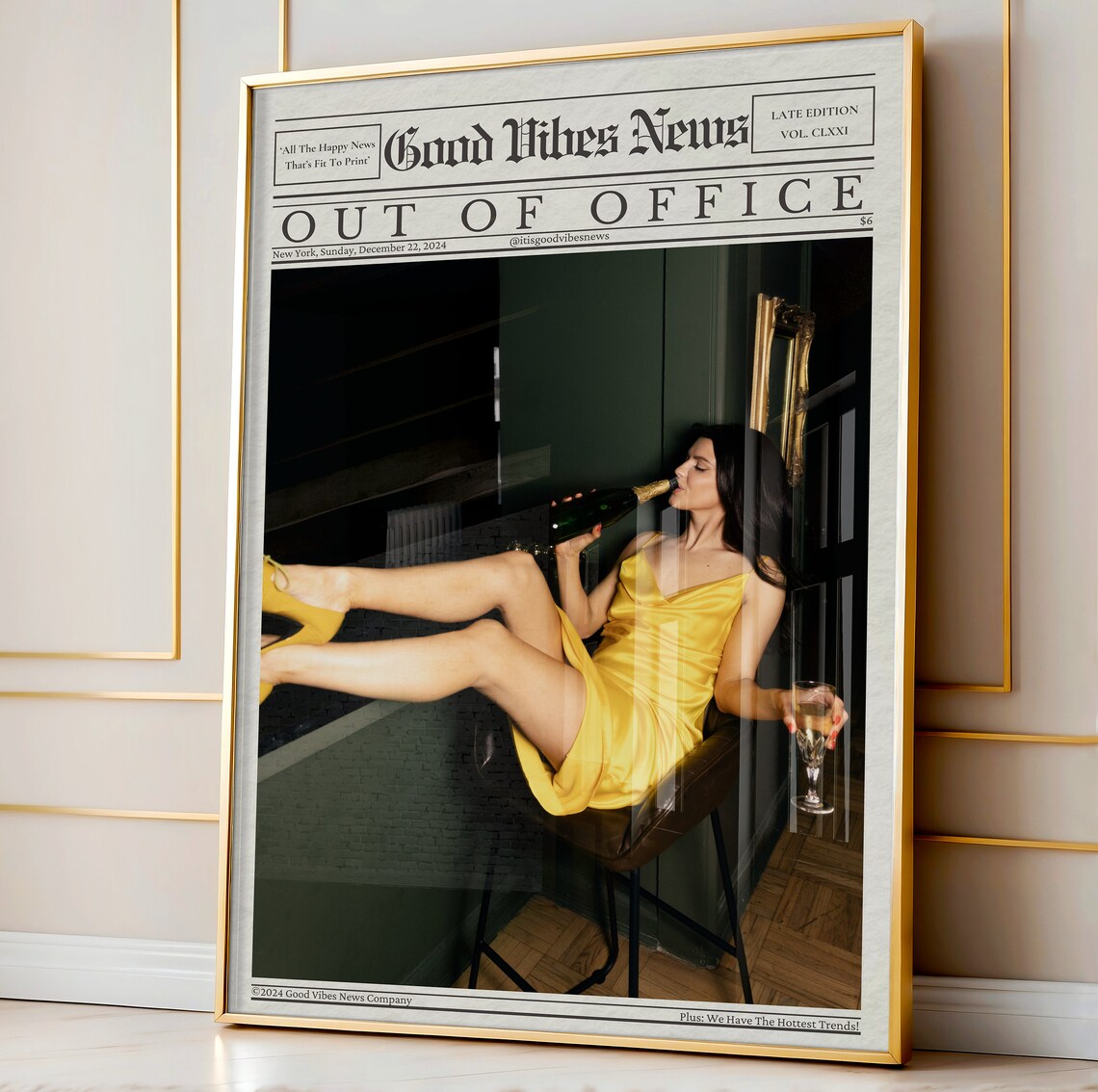 Out Of Office Champagne Girl Yellow Dress Newspaper Party Poster - Image 3