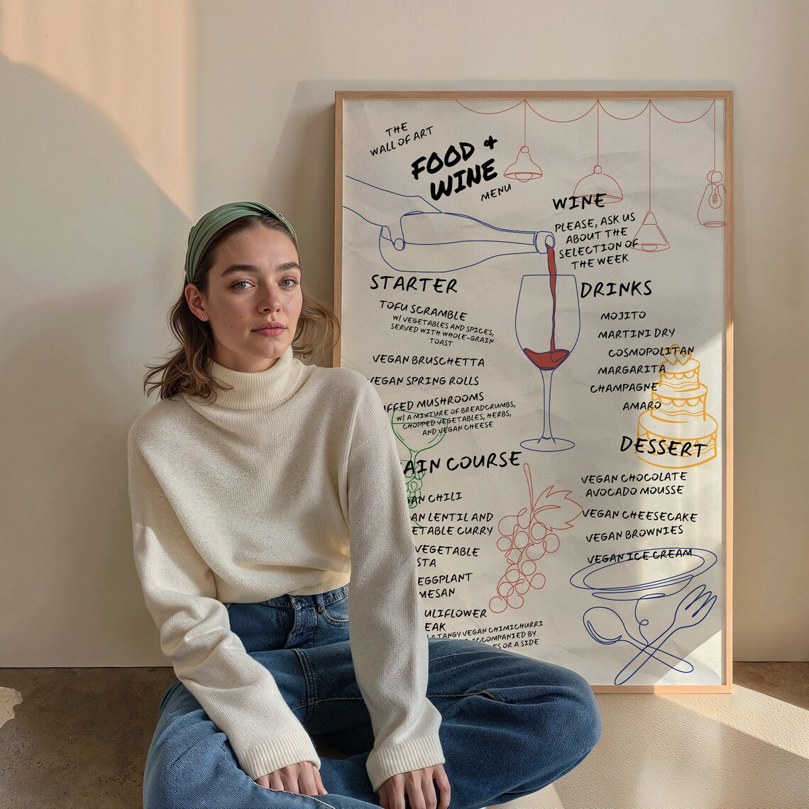 Food and Wine Menu Poster Hand Drawn Vegan Restaurant Kitchen Wall Decor - Image 2