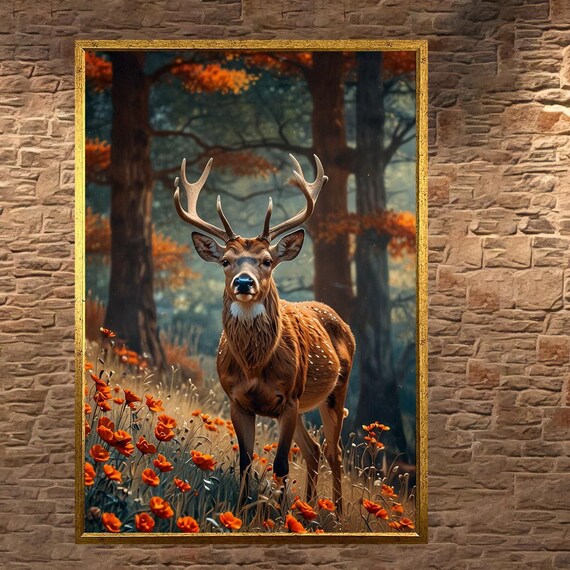 Spotted Deer Standing In Autumn Forest Meadow Poppy Flowers Poster