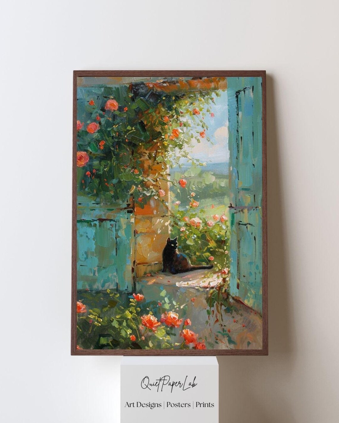 Black Cat in Rose Garden Doorway Impressionist Pastel Art Poster