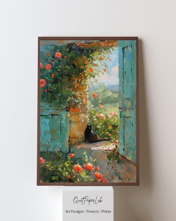 Black Cat in Rose Garden Doorway Impressionist Pastel Art Poster