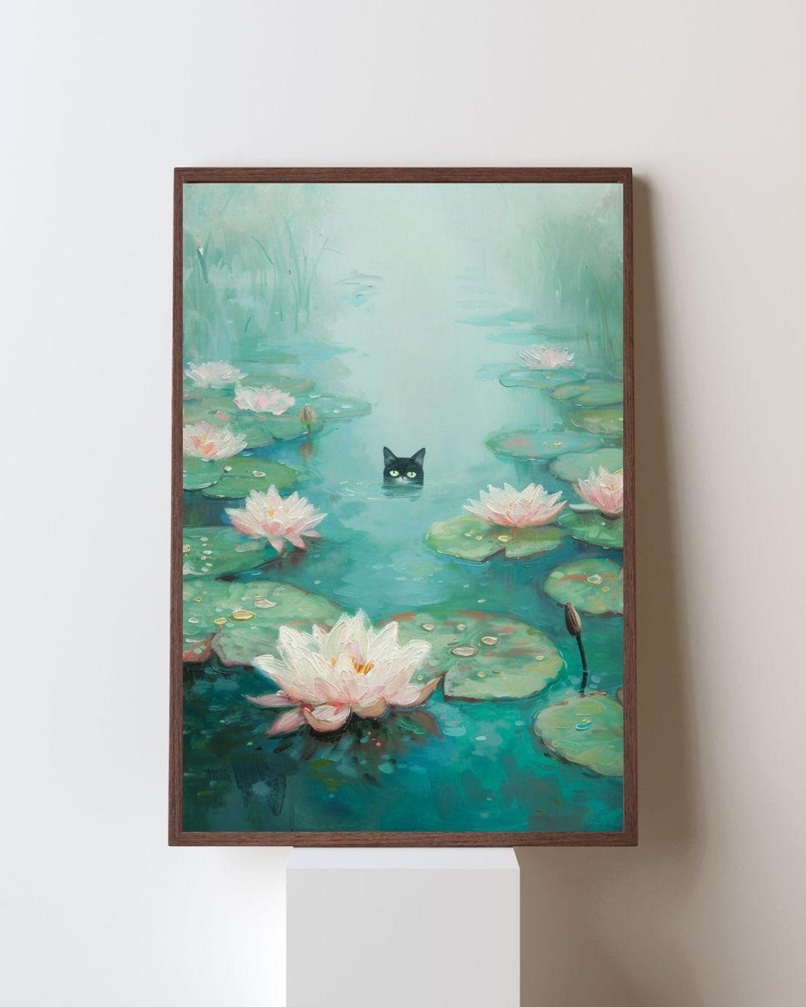 Black Cat Swimming in a Water Lily Pond Impressionist Art Poster