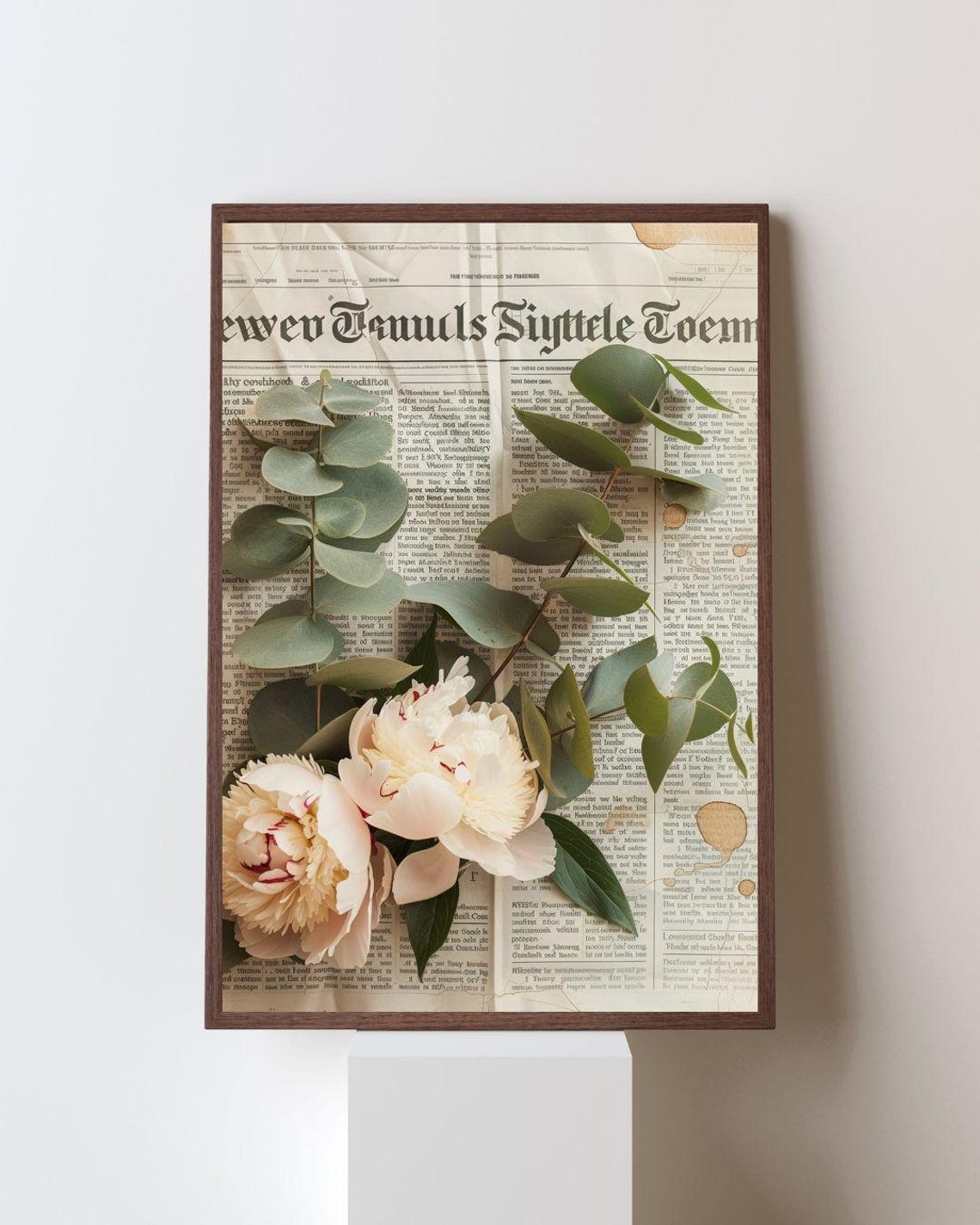 Botanical Wall Art Print Peonies Eucalyptus On Vintage Newsprint Neutral Decor Poster Unframed