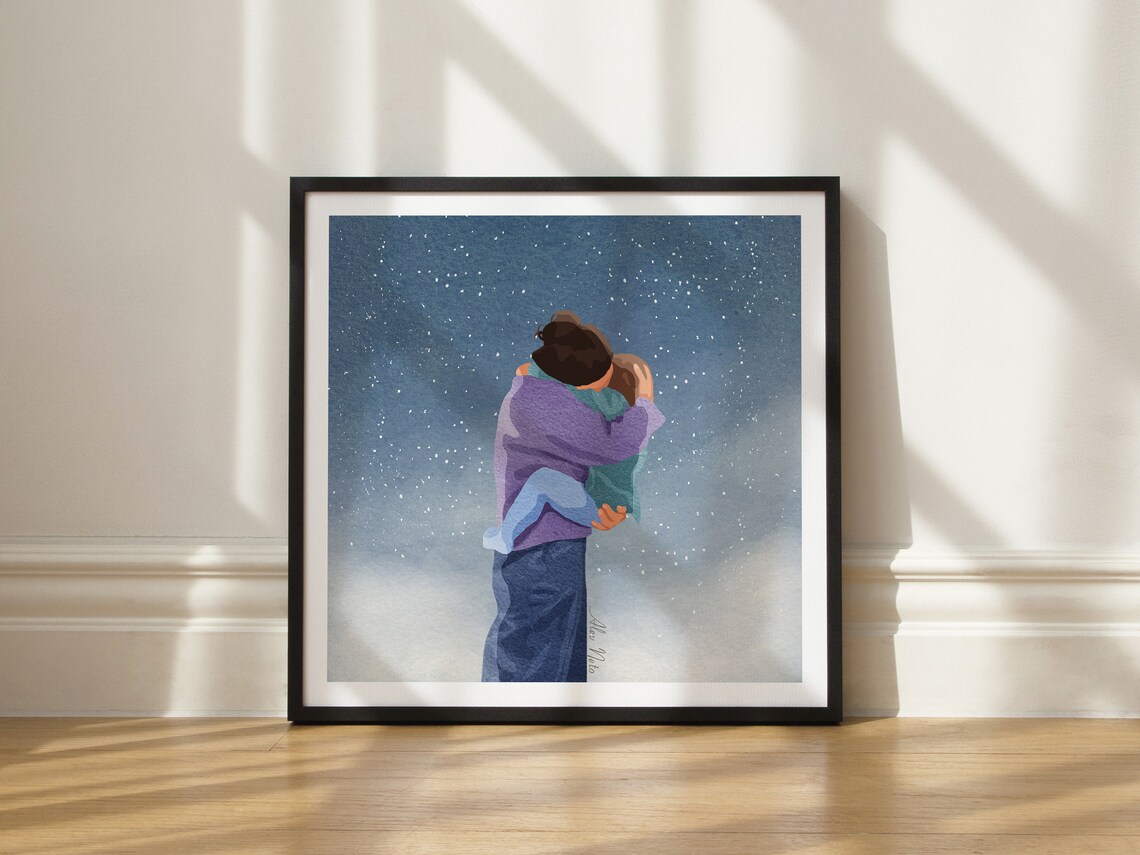Mother Holding Her Child Close Beneath a Starry Night Sky Poster - Image 3