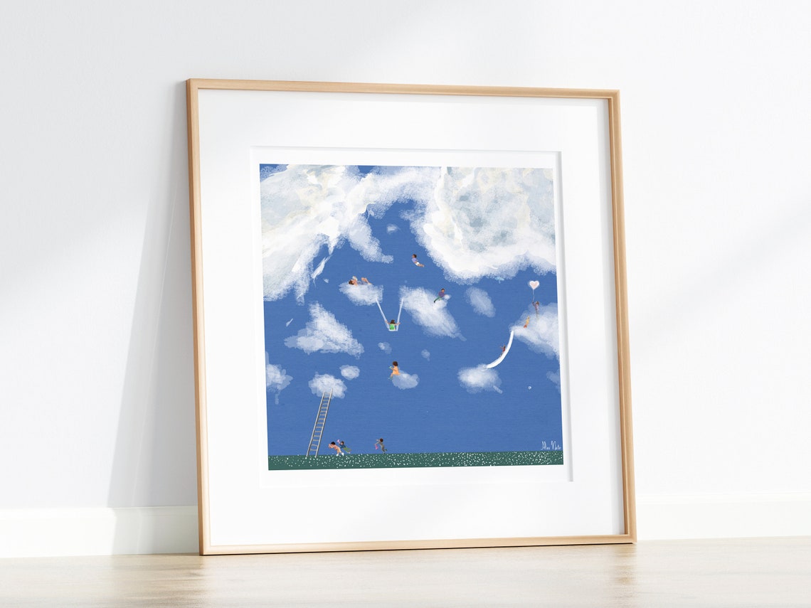 Children Playing and Floating Among White Clouds Sky Dream Poster - Image 2