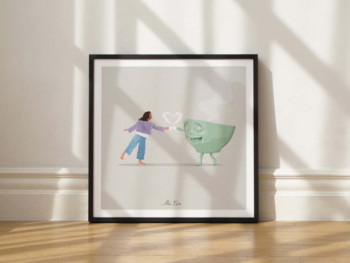 Girl Sharing Coffee With a Laughing Giant Teacup Character Poster - Image 3