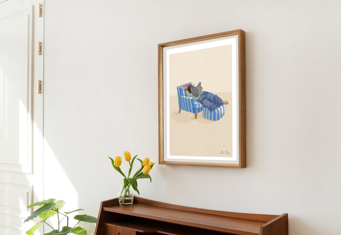 Cozy Reader on Blue Striped Armchair Self Love Book Art Poster - Image 3