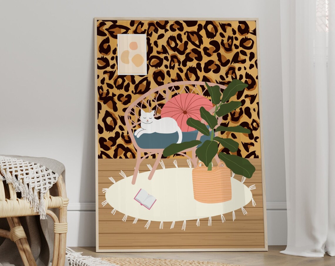 Boho Cat Print, Leopard Botanical Art Print