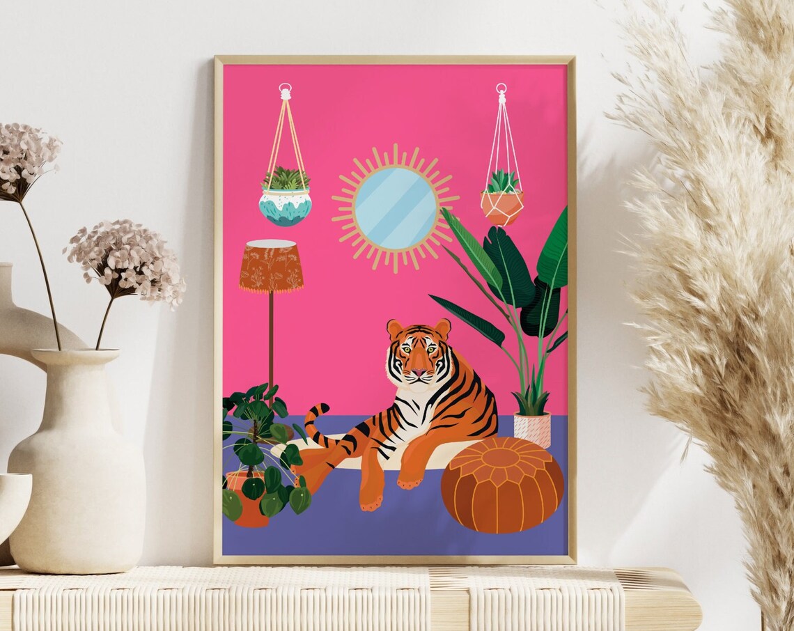 Tiger Pink Boho Botanical Art Print