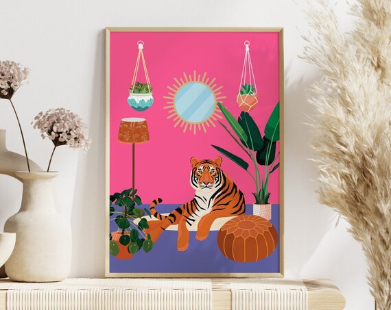 Tiger Pink Boho Botanical Art Print