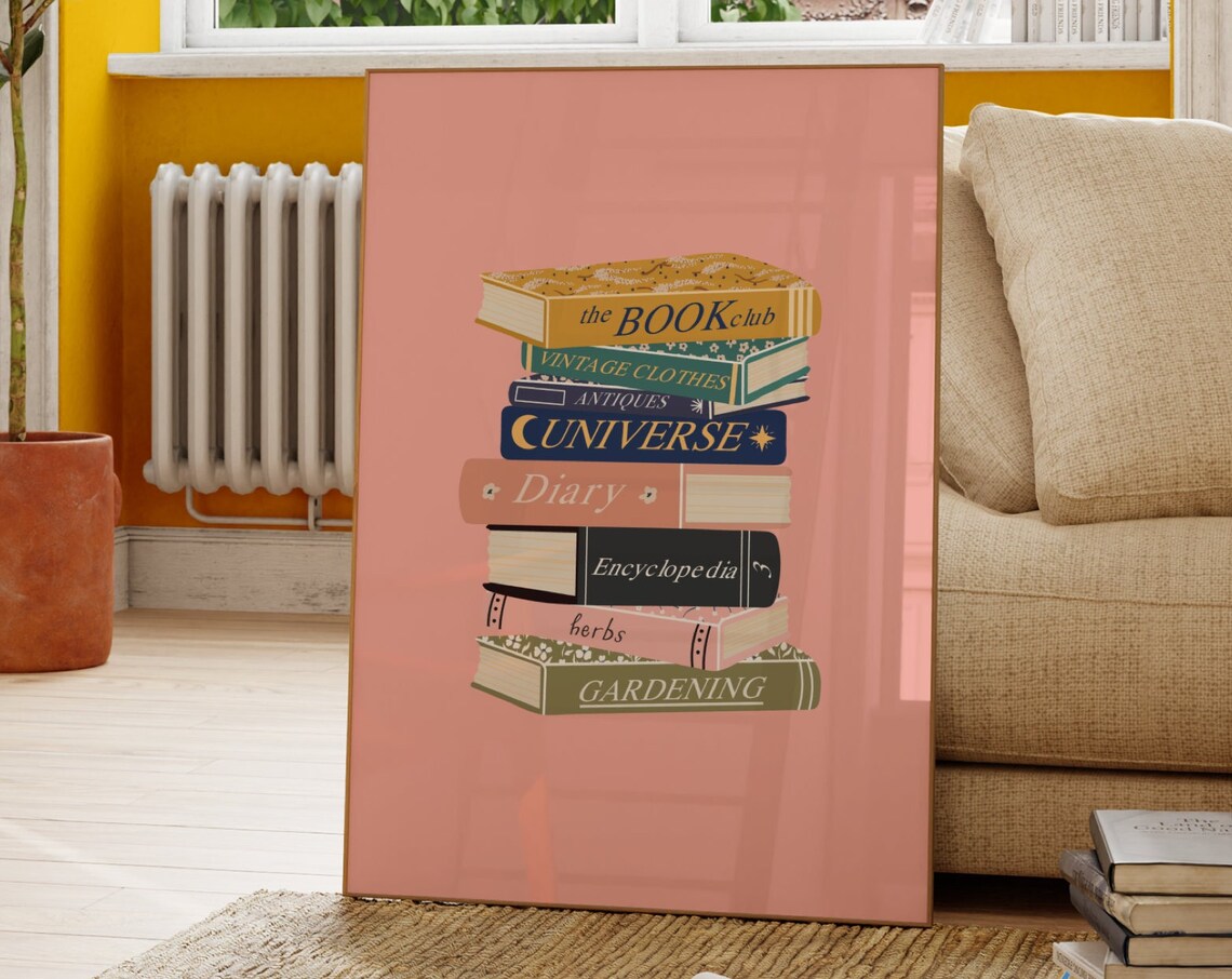 Book Stack Art Print, Bookish Pink Wall Art