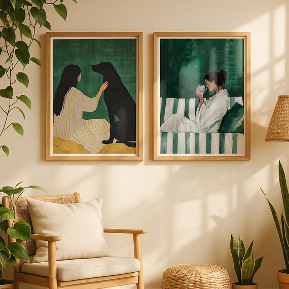 Green Wall Art Set Of 2 Sage Minimalist Posters Calming Girly Prints For Cozy Living Room Decor Boho