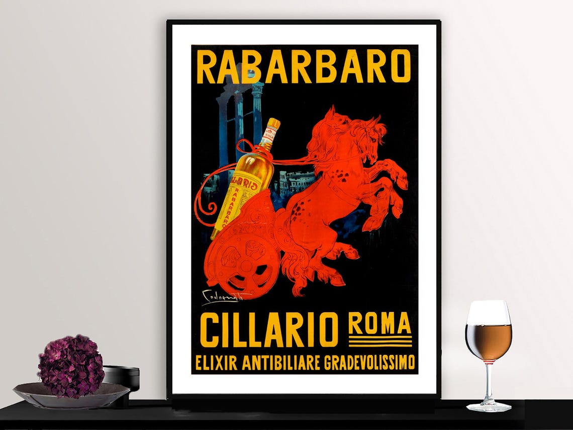 Rabarbaro Cillario Roma Red Horse Chariot Bottle Vintage Poster