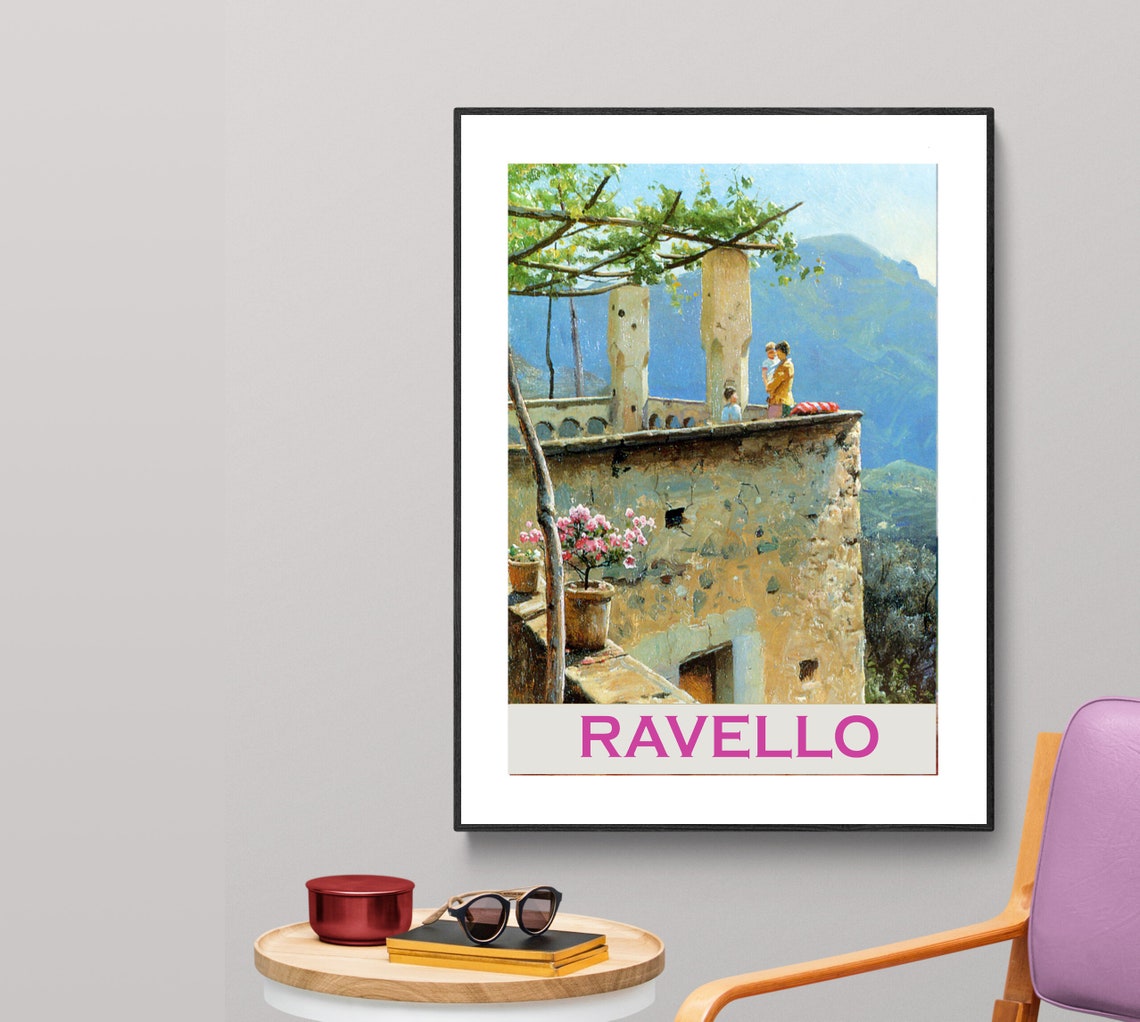Ravello Italy Vintage Travel Poster Stone Terrace Mountain View