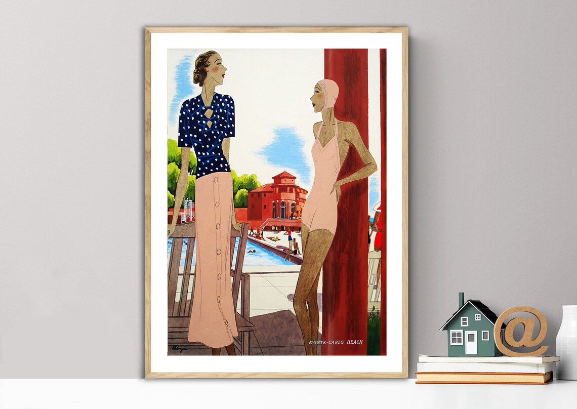 Monte Carlo Beach Riviera Elegant Ladies Art Deco Travel Poster