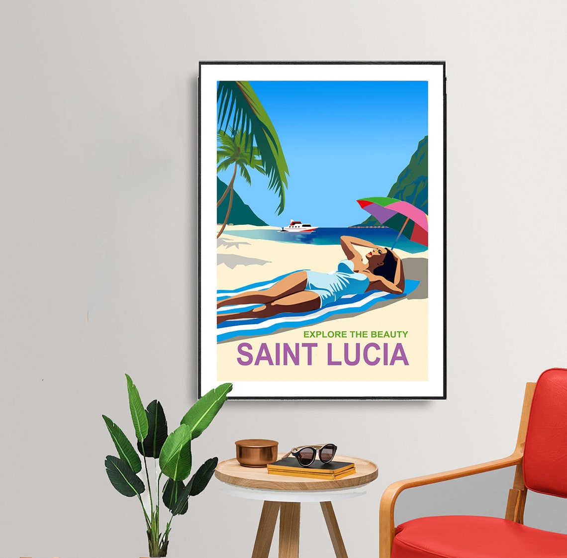 Saint Lucia Explore The Beauty Beach Sunbather Vintage Island Poster