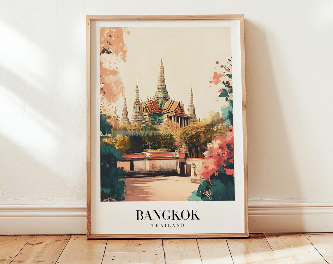 Bangkok Thailand Grand Palace Temple Spires Vintage Travel Poster