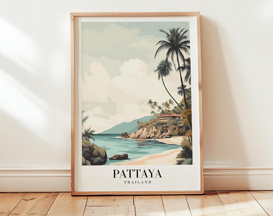 Pattaya Thailand Beach Palm Trees Rocky Coast Vintage Travel Poster