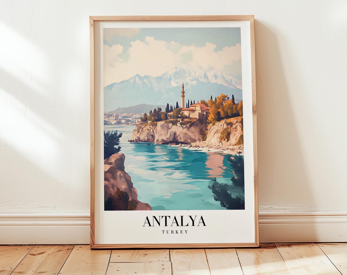 Antalya Turkey Cliff Mosque Turquoise Coast Vintage Travel Poster